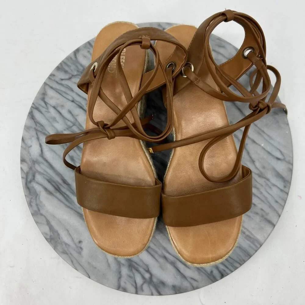 Bleecker & Bond Sandal Womens 7.5 Cognac Brown Odette Espadrille Leather Wedge
